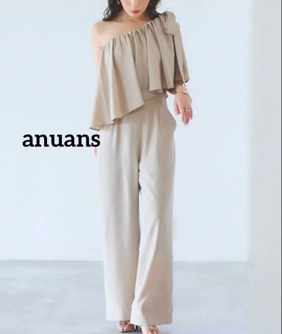 美品✨anuans アニュアンス【M】ワンショルフリルオールインワン 肩リボン