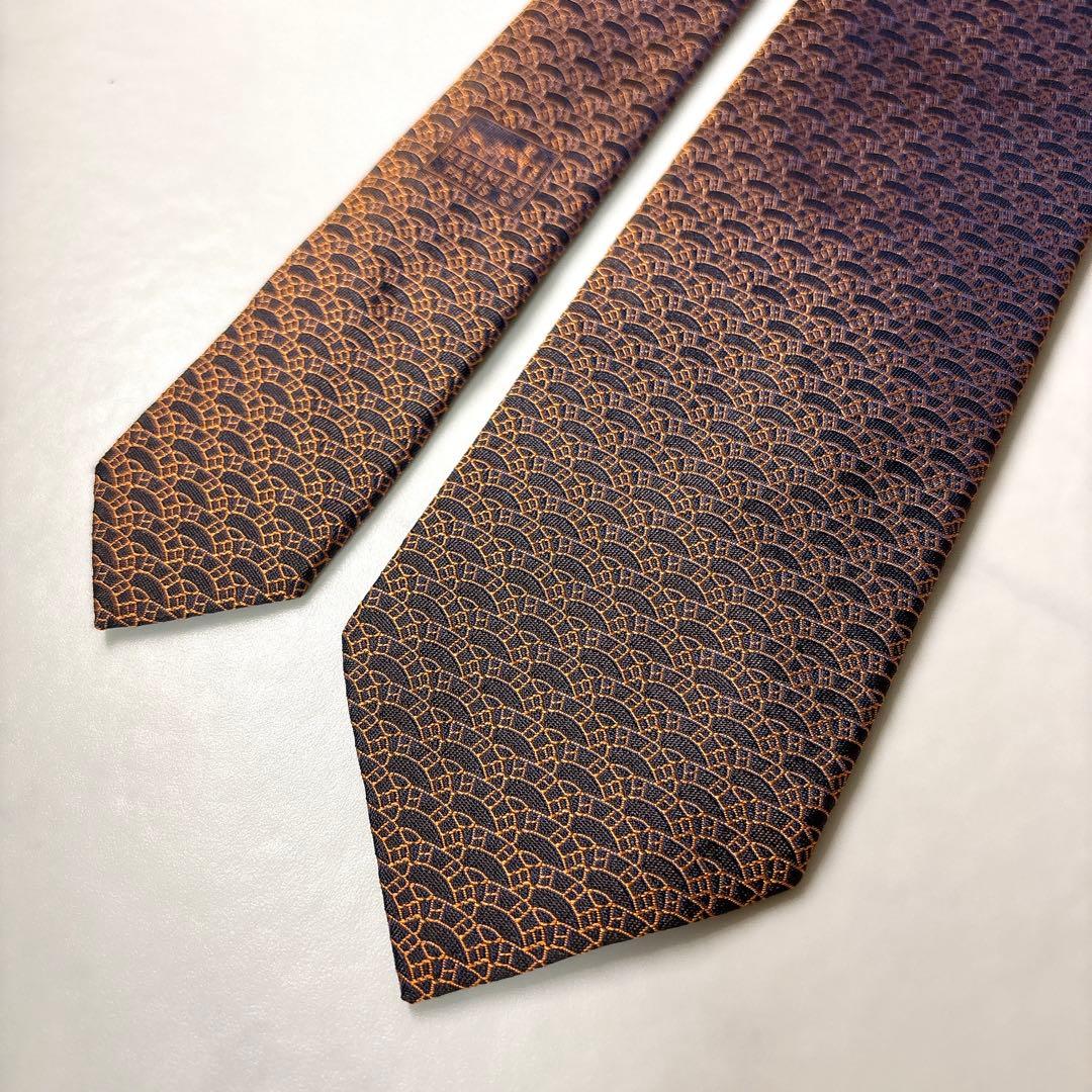 未使用 箱付き エルメス ネクタイ H柄 ファソネ オレンジ 黒 ジャガード