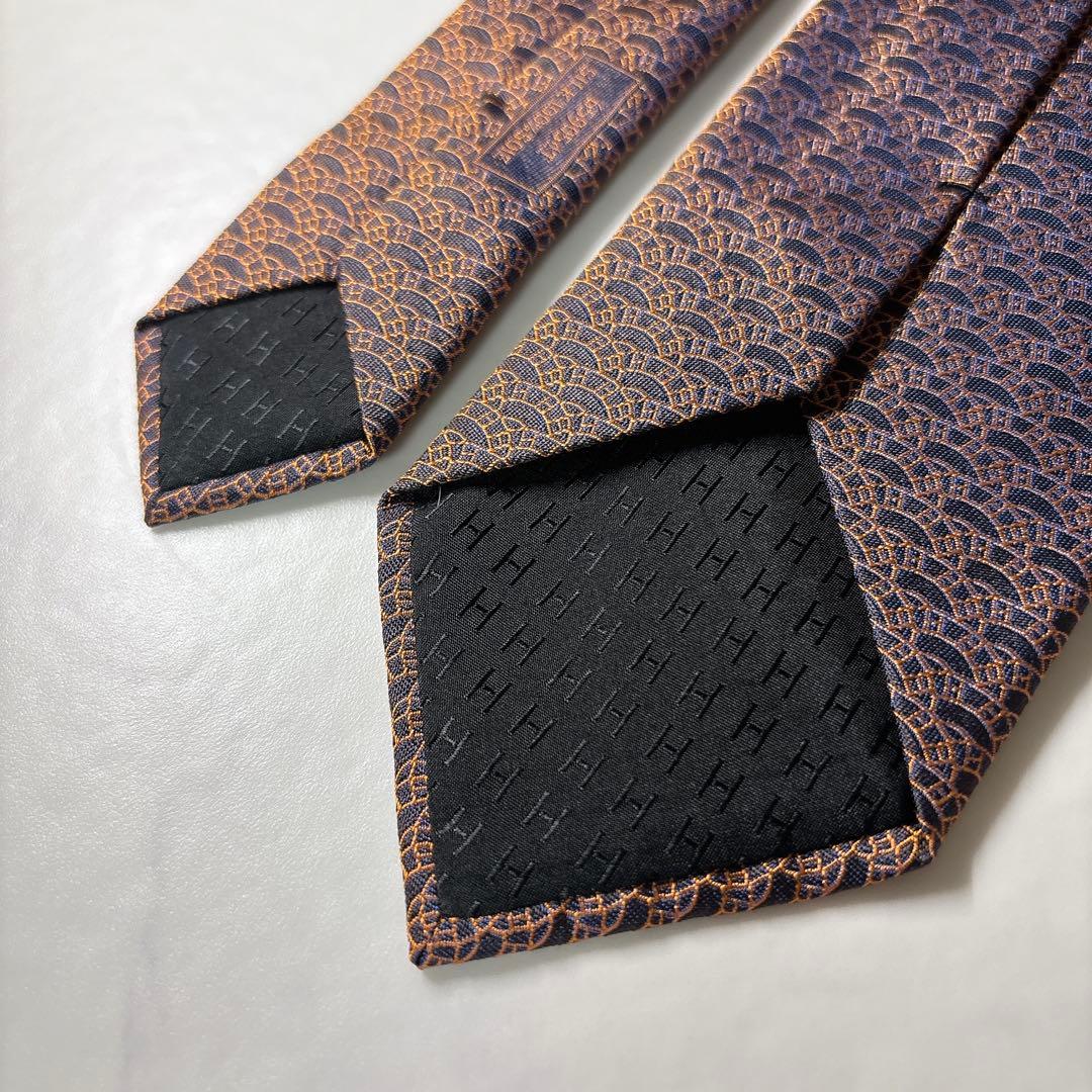 未使用 箱付き エルメス ネクタイ H柄 ファソネ オレンジ 黒 ジャガード