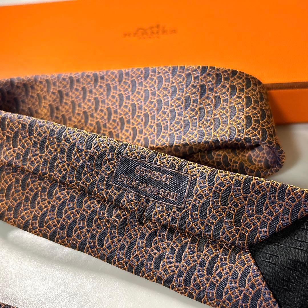 未使用 箱付き エルメス ネクタイ H柄 ファソネ オレンジ 黒 ジャガード