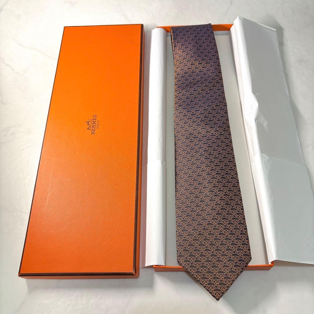 未使用 箱付き エルメス ネクタイ H柄 ファソネ オレンジ 黒 ジャガード