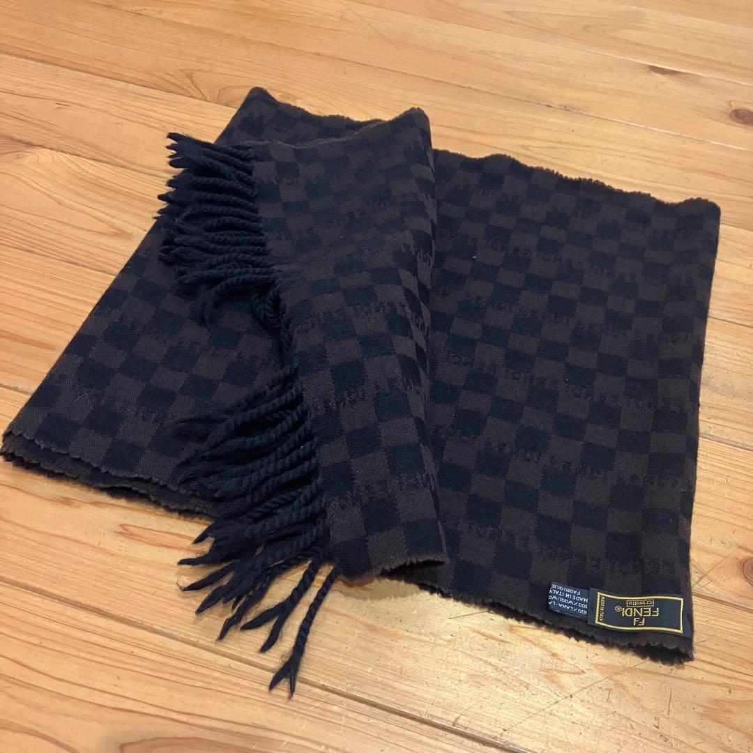 FENDI ダークブラウン チェック柄 マフラー