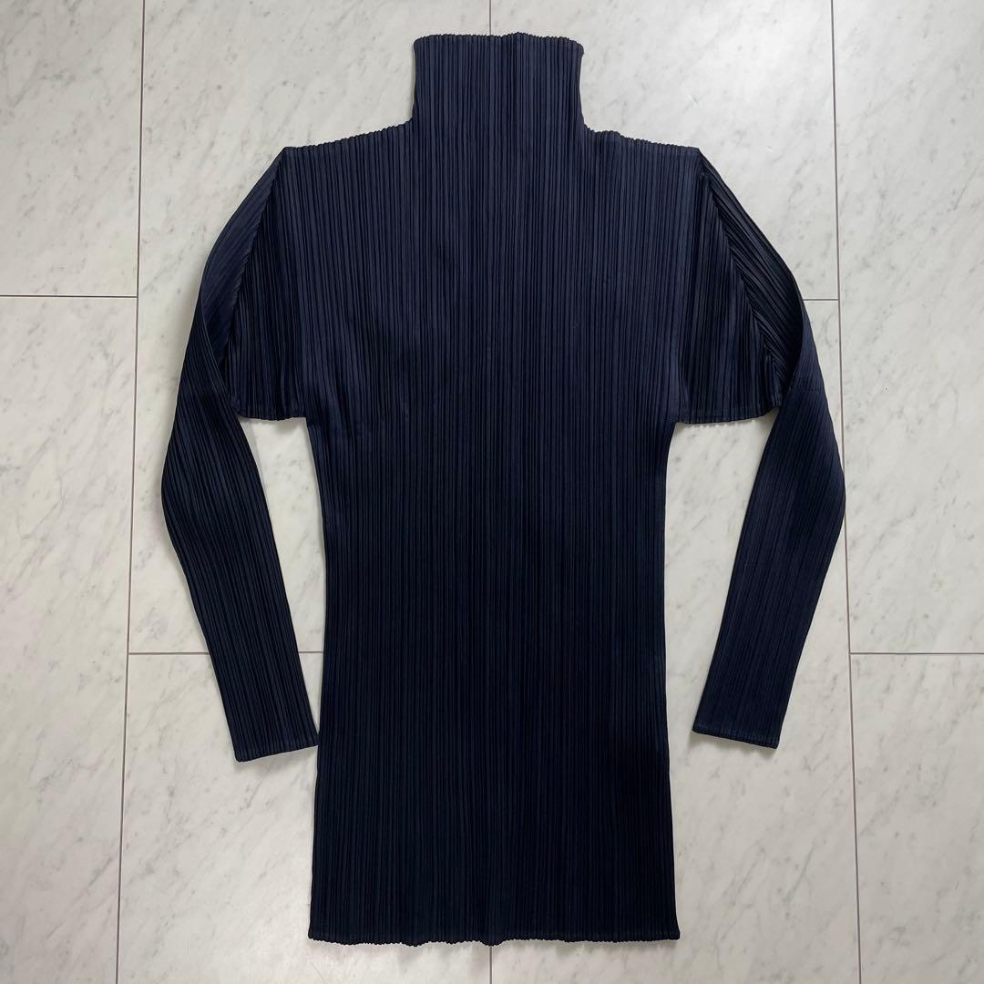 プリーツプリーズ イッセイミヤケ 長袖カットソー トップス ハイネック ネイビー