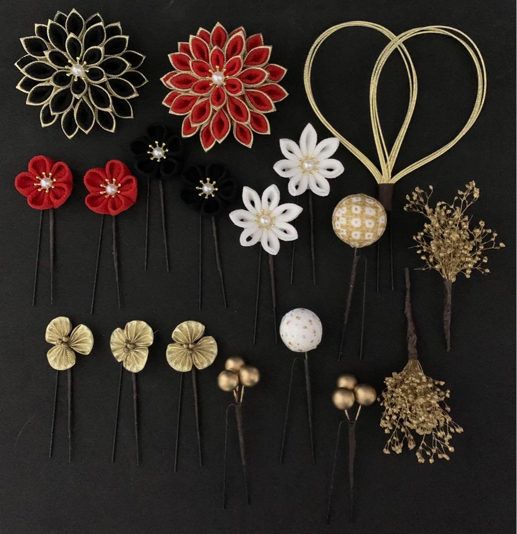 おひな　　つまみ細工　髪飾り　黒　赤　ゴールド