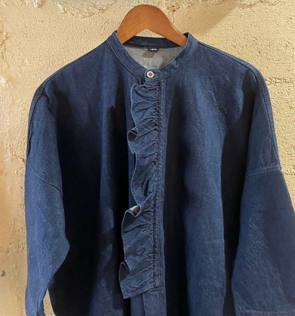 45R上質 インディゴ麦デニムフリルチュニック新品同様　ONEONEシリーズ