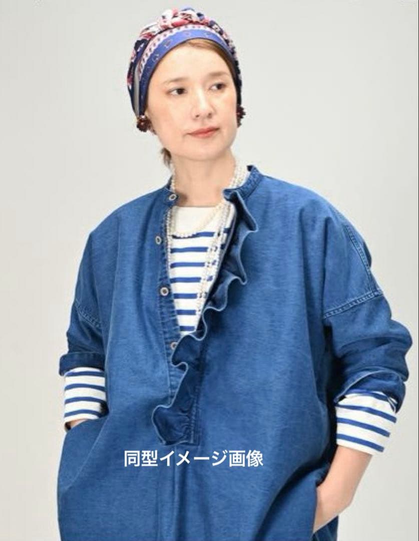 45R上質 インディゴ麦デニムフリルチュニック新品同様　ONEONEシリーズ