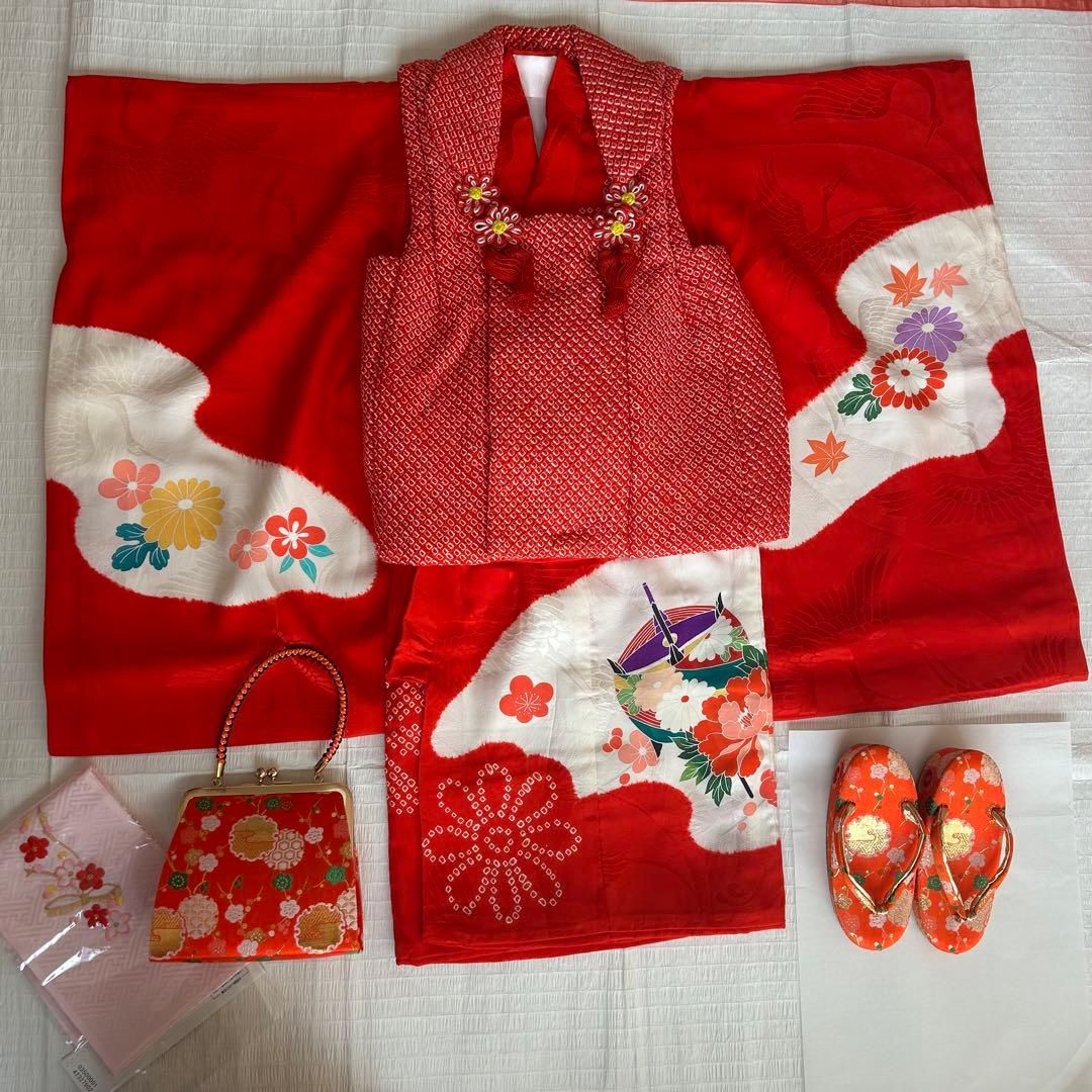 七五三 3歳 総絞り 被布 着物 絹 三歳 赤 草履 753 バッグ 花 レトロ