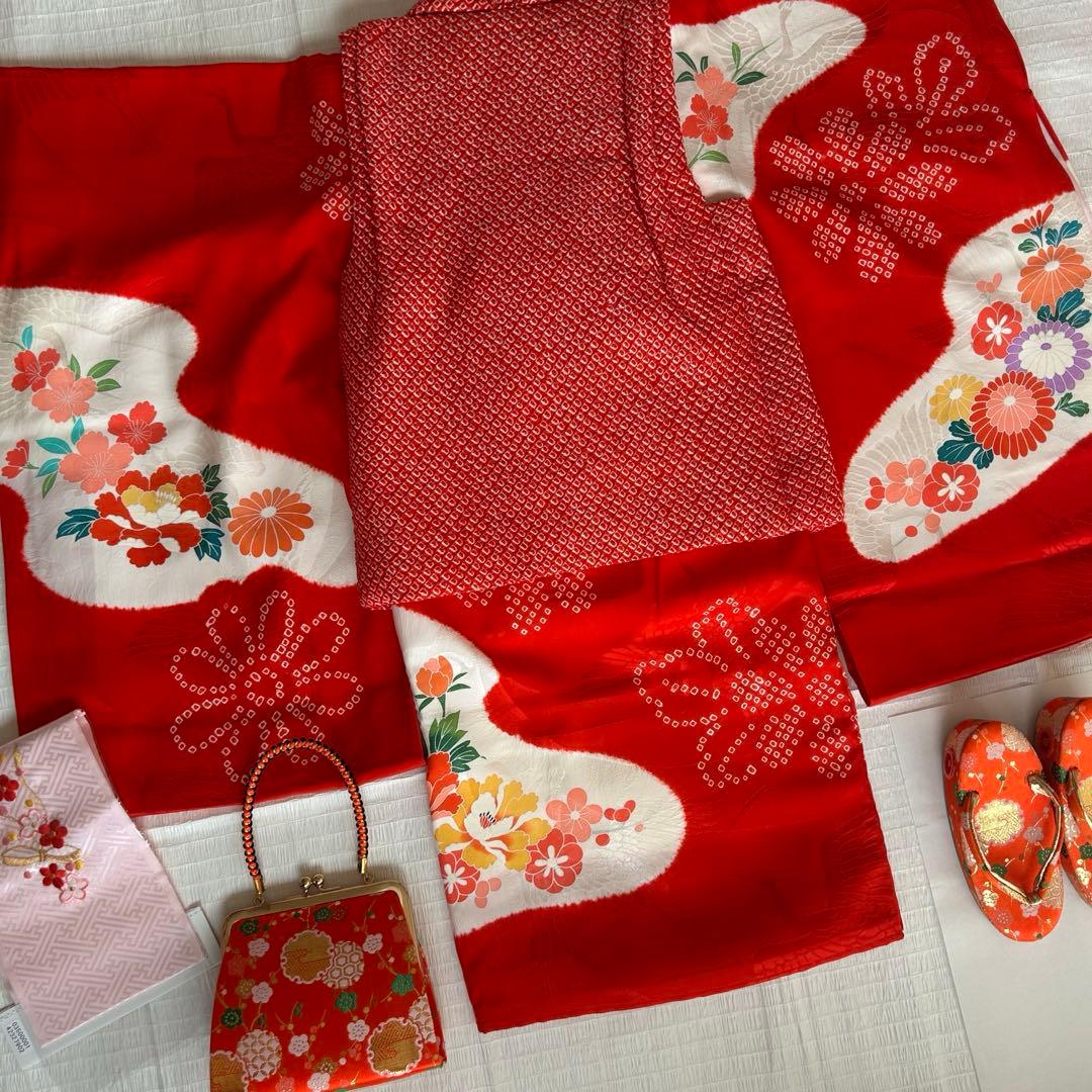 七五三 3歳 総絞り 被布 着物 絹 三歳 赤 草履 753 バッグ 花 レトロ