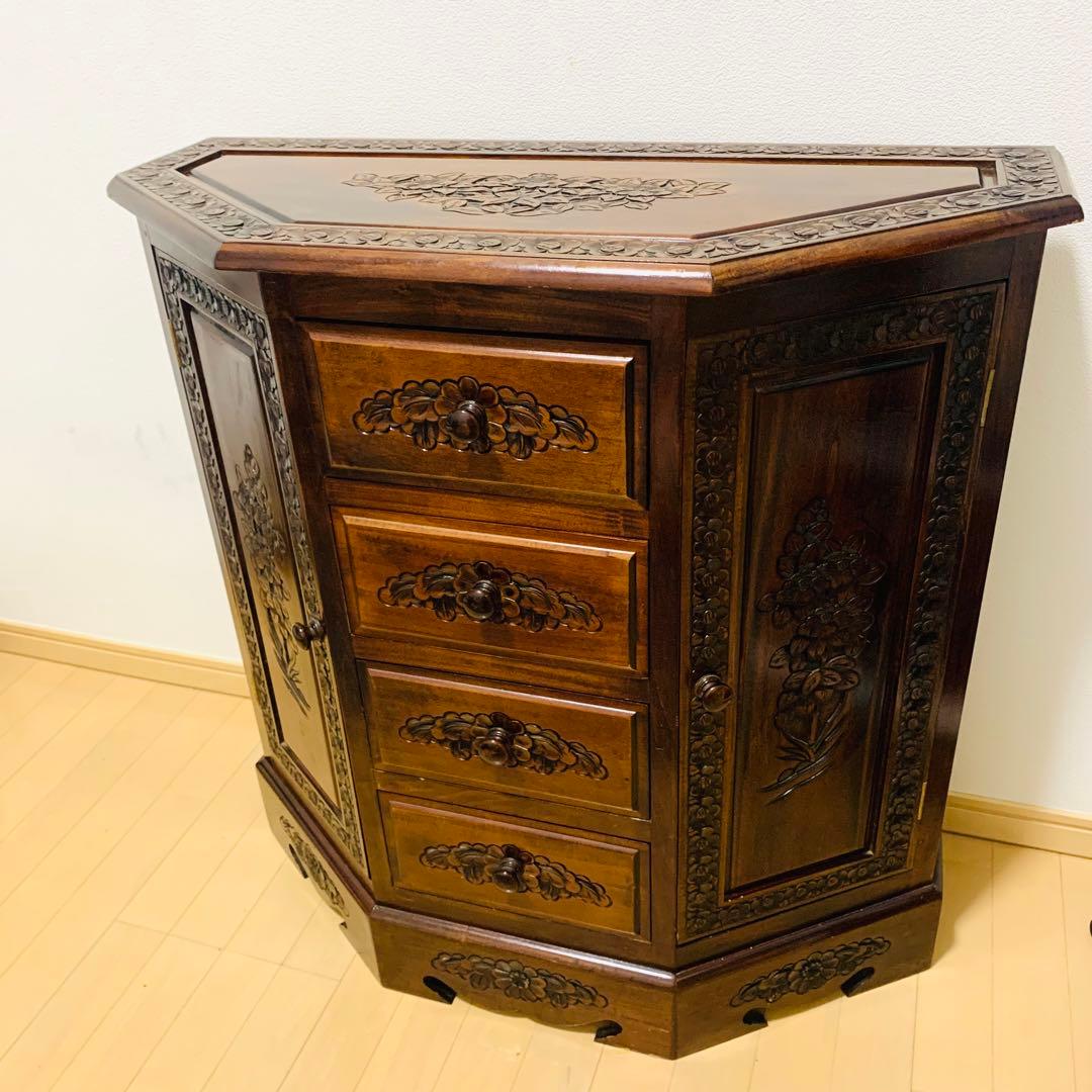 木彫刻 チェスト 引き出し 4段 サイドボード キャビネット アンティーク調