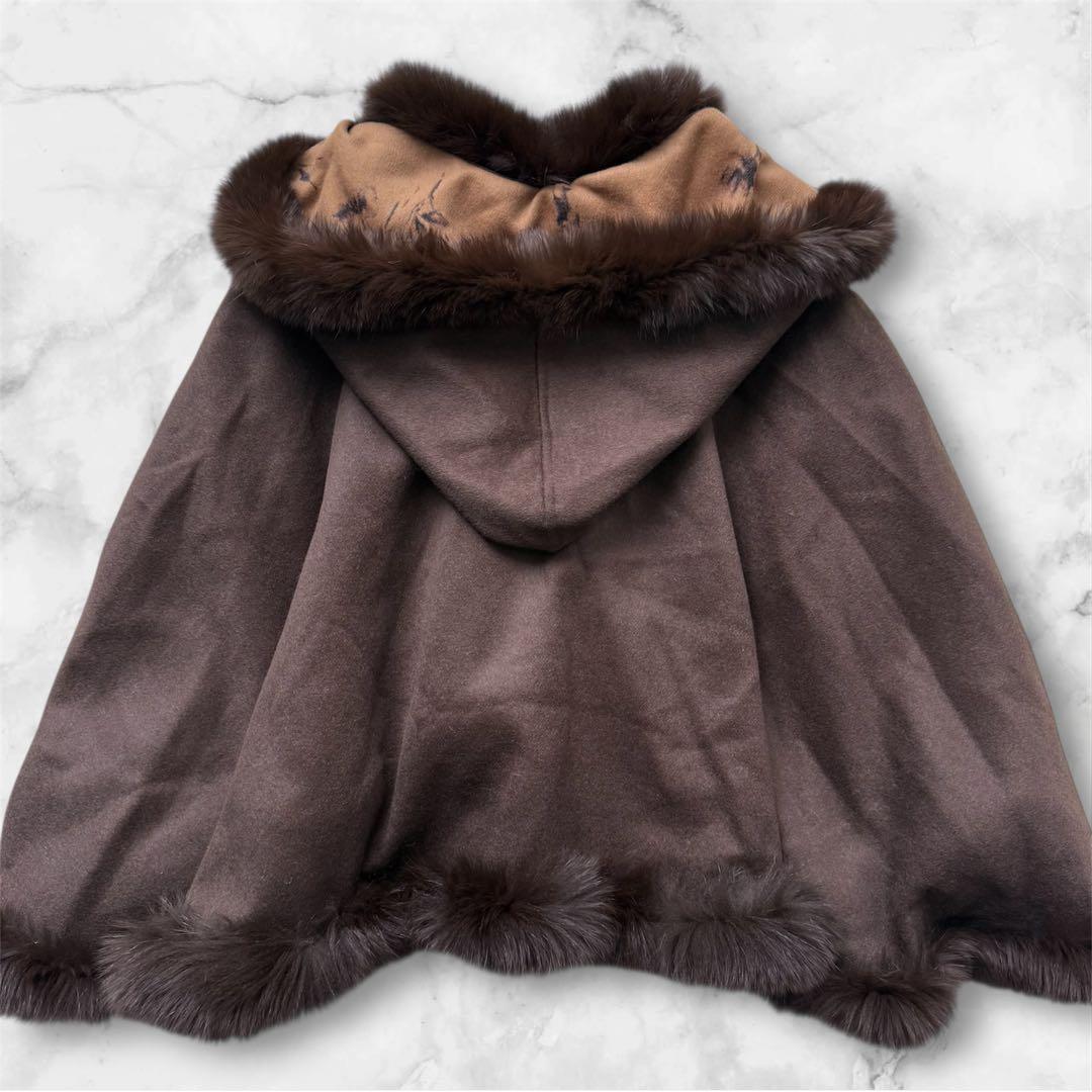 極美品☆ポンチョ アンゴラウール フォックスファー ケープコート フード 花柄