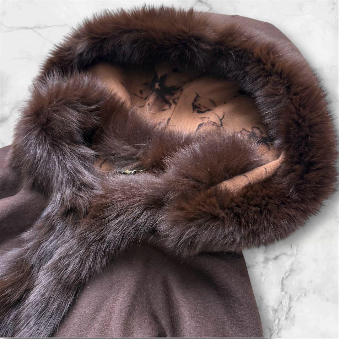 極美品☆ポンチョ アンゴラウール フォックスファー ケープコート フード 花柄