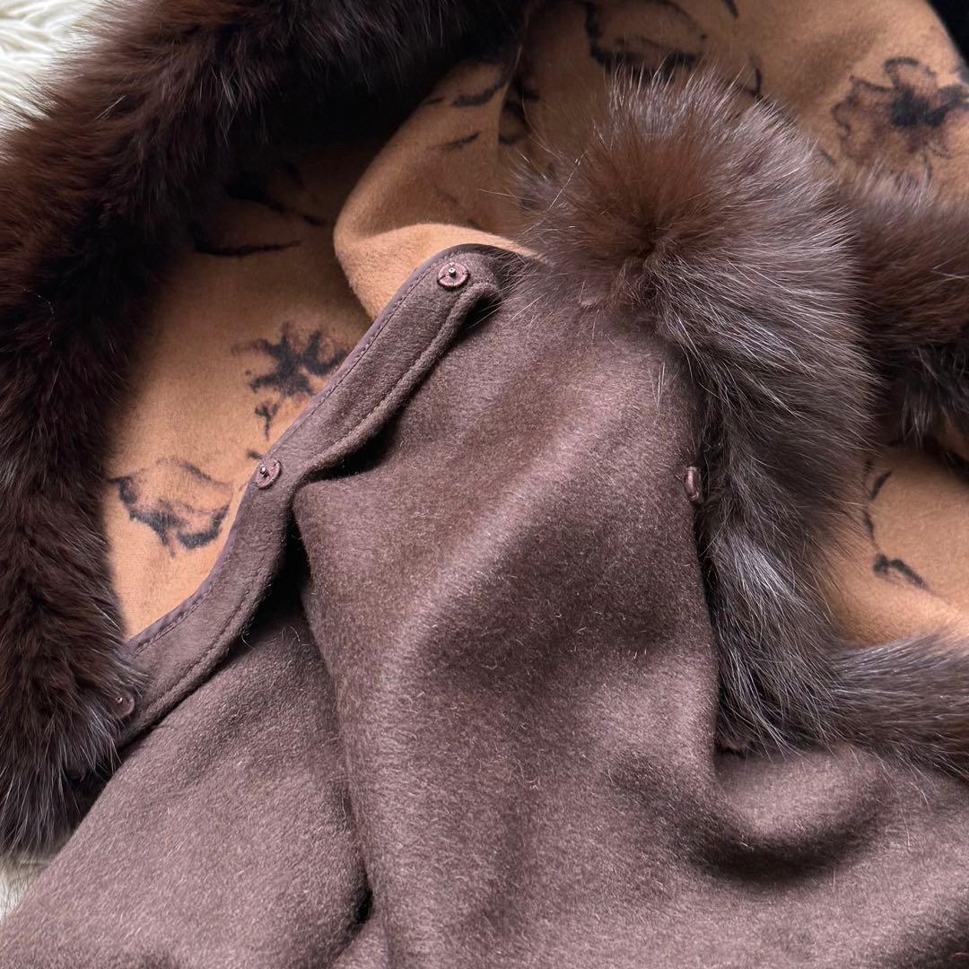 極美品☆ポンチョ アンゴラウール フォックスファー ケープコート フード 花柄