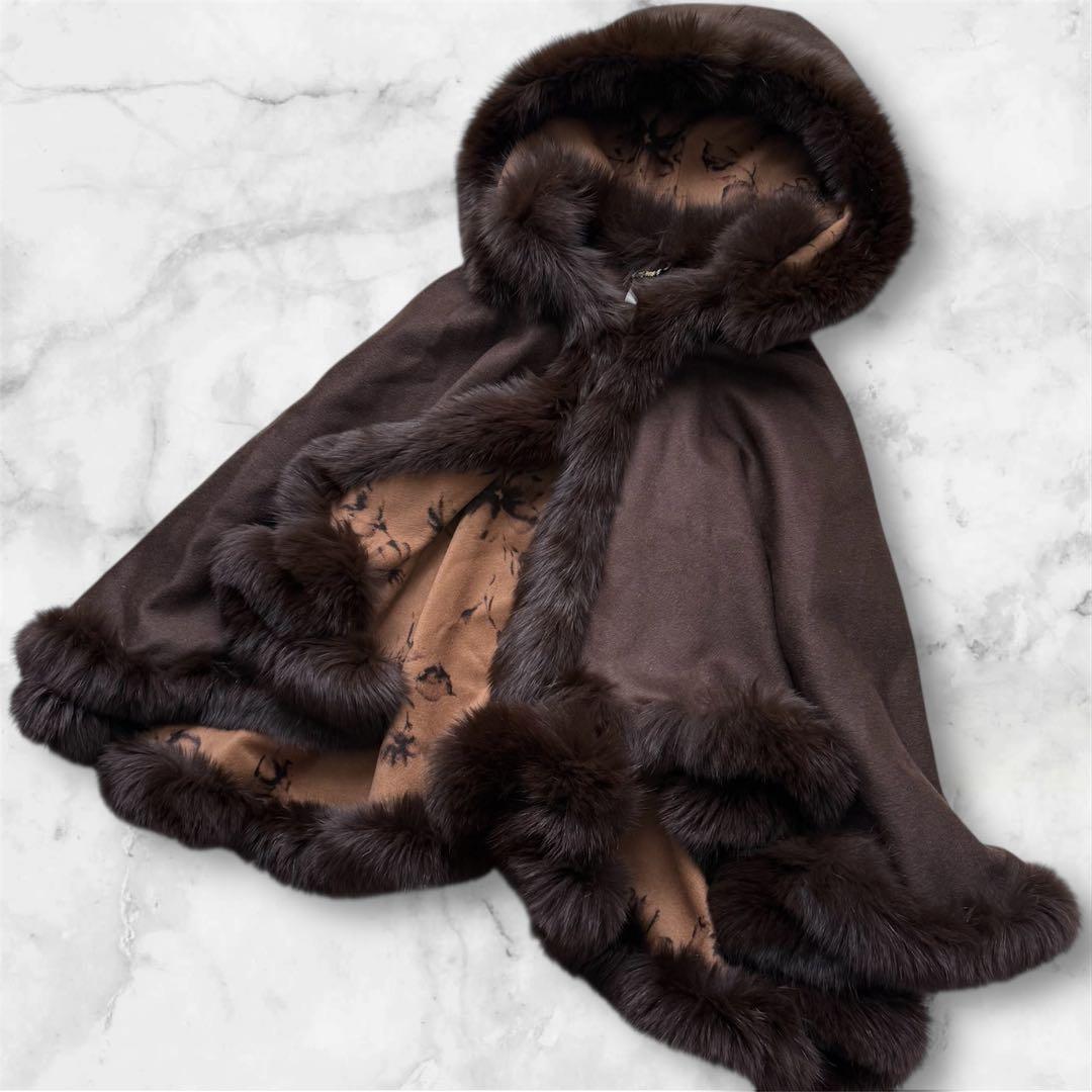 極美品☆ポンチョ アンゴラウール フォックスファー ケープコート フード 花柄