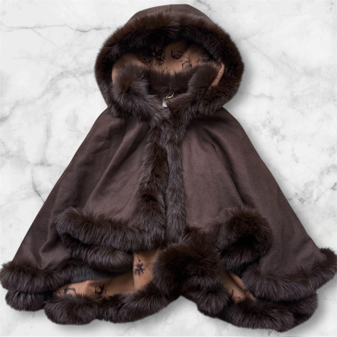 極美品☆ポンチョ アンゴラウール フォックスファー ケープコート フード 花柄