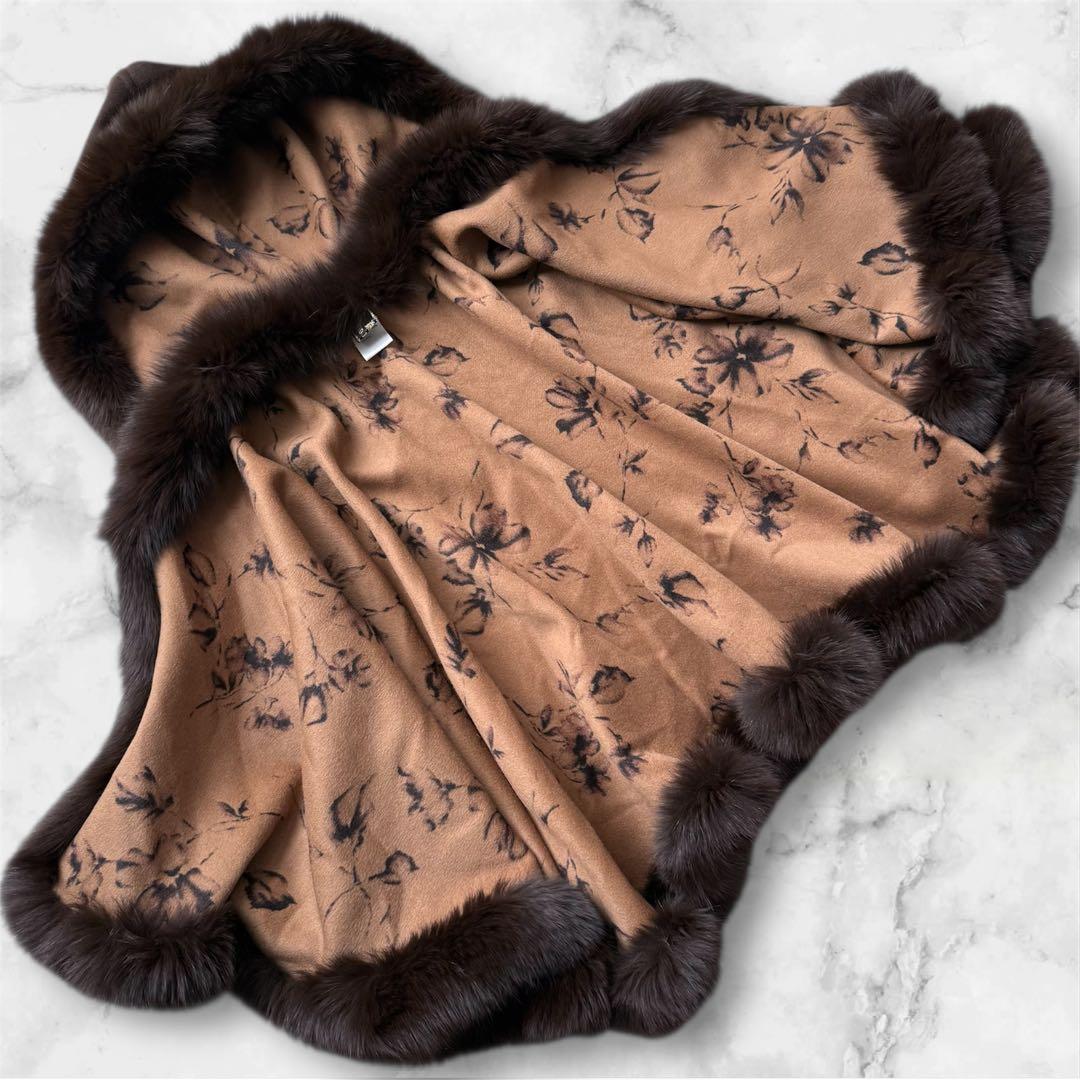 極美品☆ポンチョ アンゴラウール フォックスファー ケープコート フード 花柄