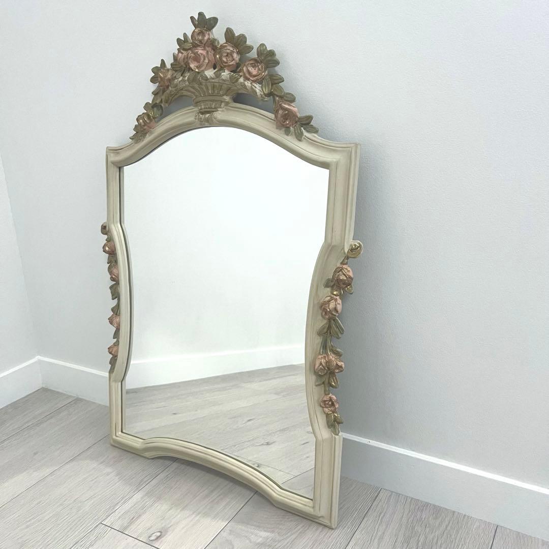 ウォールミラー　ヴィンテージ　アンティーク　壁紙　木製　フラワー　デコ