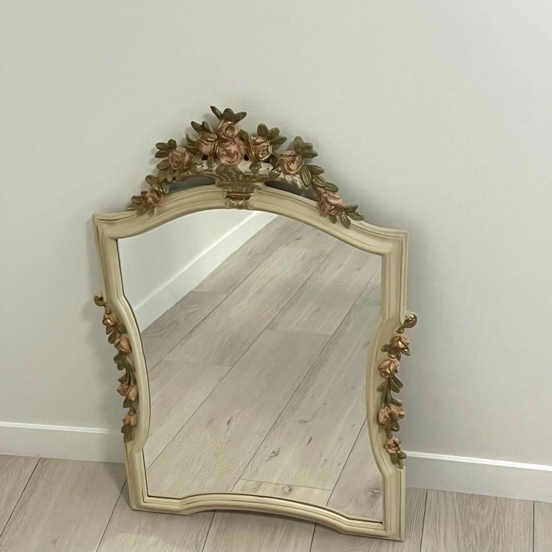 ウォールミラー　ヴィンテージ　アンティーク　壁紙　木製　フラワー　デコ