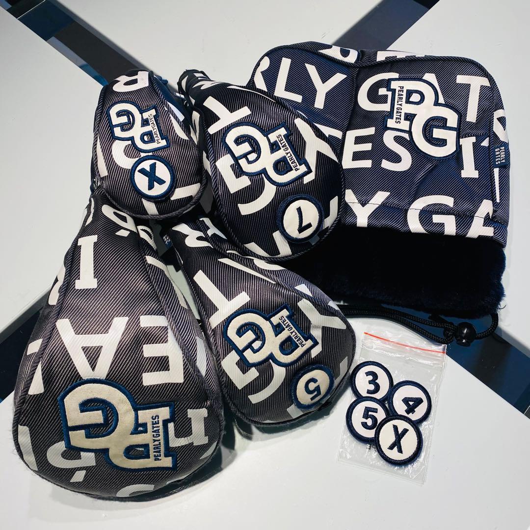 【希少】パーリーゲイツ　キャディバッグ＆ヘッドカバー5点セット　総柄ロゴ　紺×白