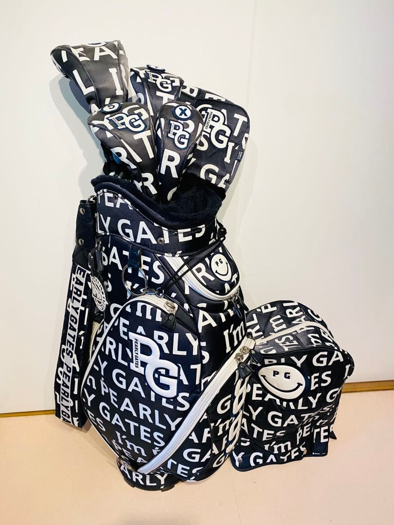 【希少】パーリーゲイツ　キャディバッグ＆ヘッドカバー5点セット　総柄ロゴ　紺×白