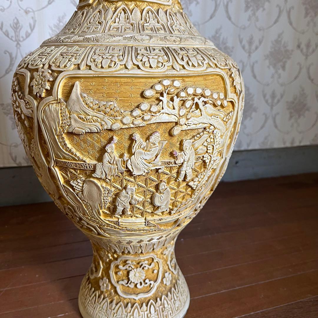 【アンティーク】堆朱銅胎飾り花瓶 壺 山水楼閣 花鳥唐草 古美術 骨董品 古道具