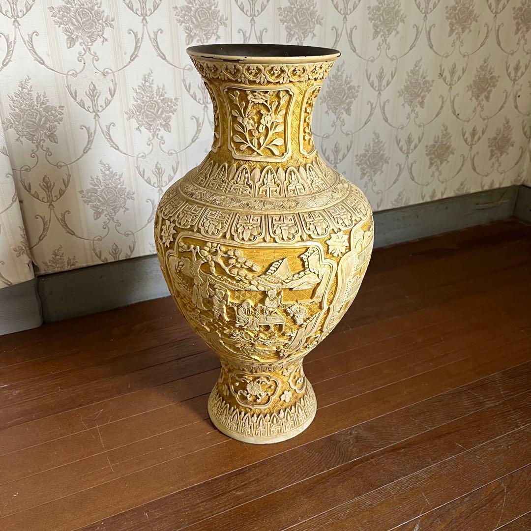 【アンティーク】堆朱銅胎飾り花瓶 壺 山水楼閣 花鳥唐草 古美術 骨董品 古道具