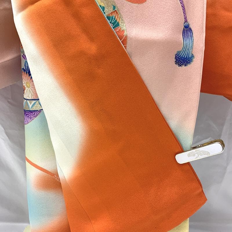 504ag85,しごき□七五三 七歳 女児 着物&袋帯 金彩 鈴 ピンク朱色