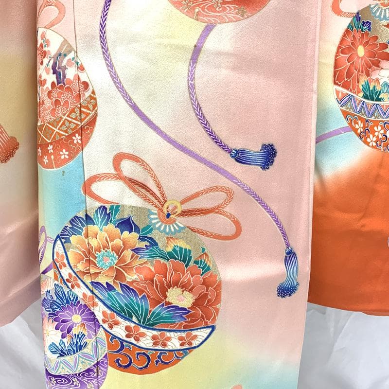 504ag85,しごき□七五三 七歳 女児 着物&袋帯 金彩 鈴 ピンク朱色