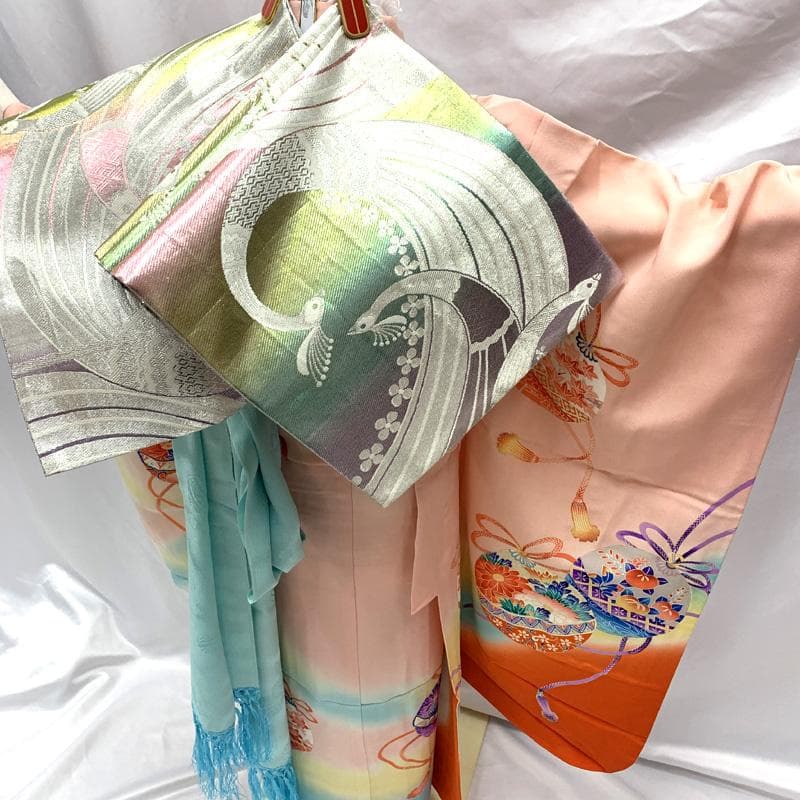 504ag85,しごき□七五三 七歳 女児 着物&袋帯 金彩 鈴 ピンク朱色