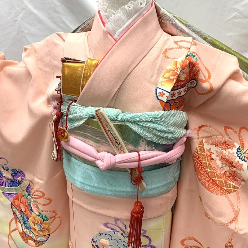 504ag85,しごき□七五三 七歳 女児 着物&袋帯 金彩 鈴 ピンク朱色