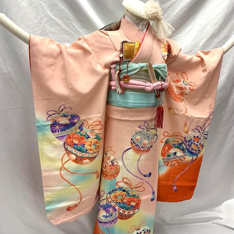 504ag85,しごき□七五三 七歳 女児 着物&袋帯 金彩 鈴 ピンク朱色