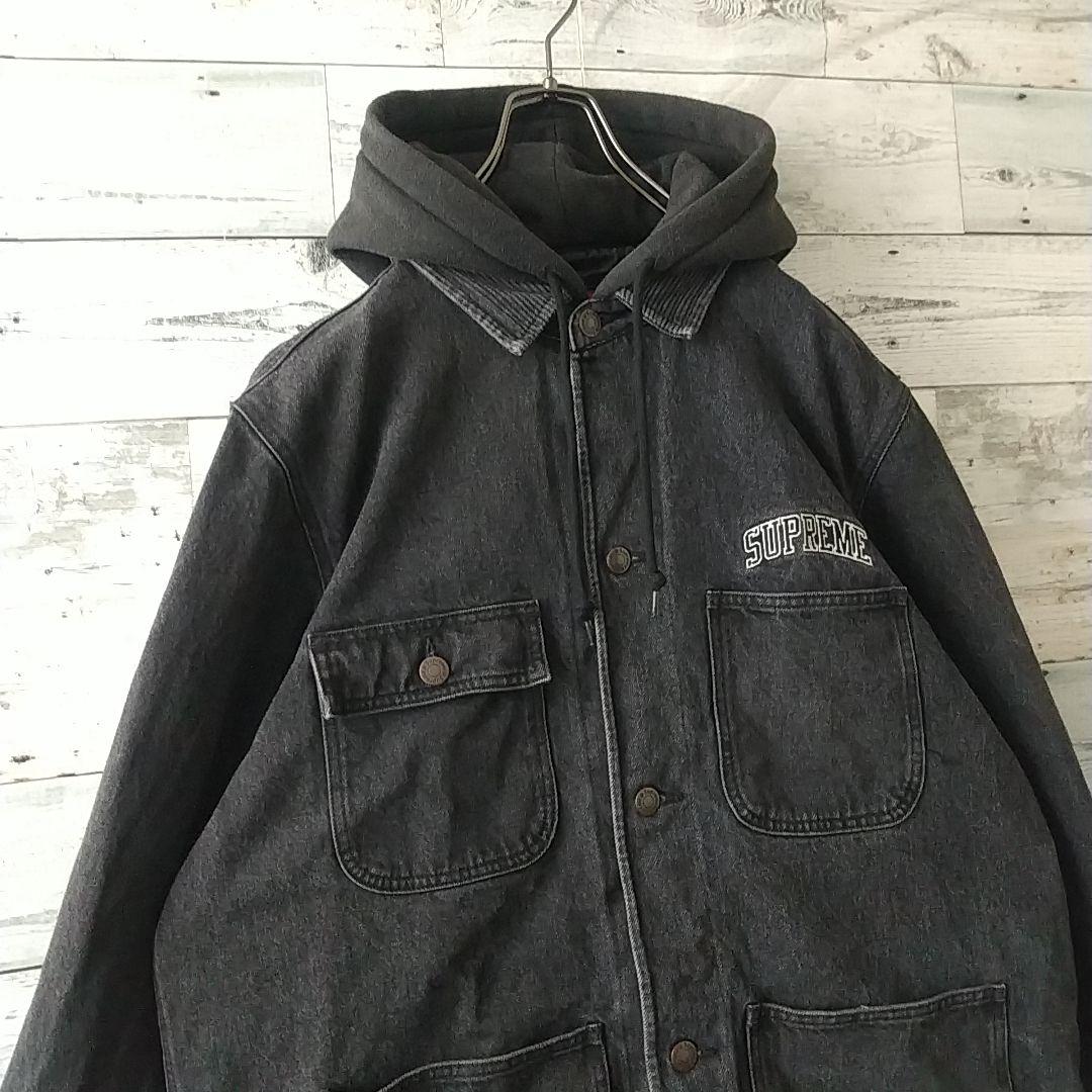 人気☆シュプリーム 刺繍ロゴ 襟切替 裏地チェック フード付 デニムジャケット