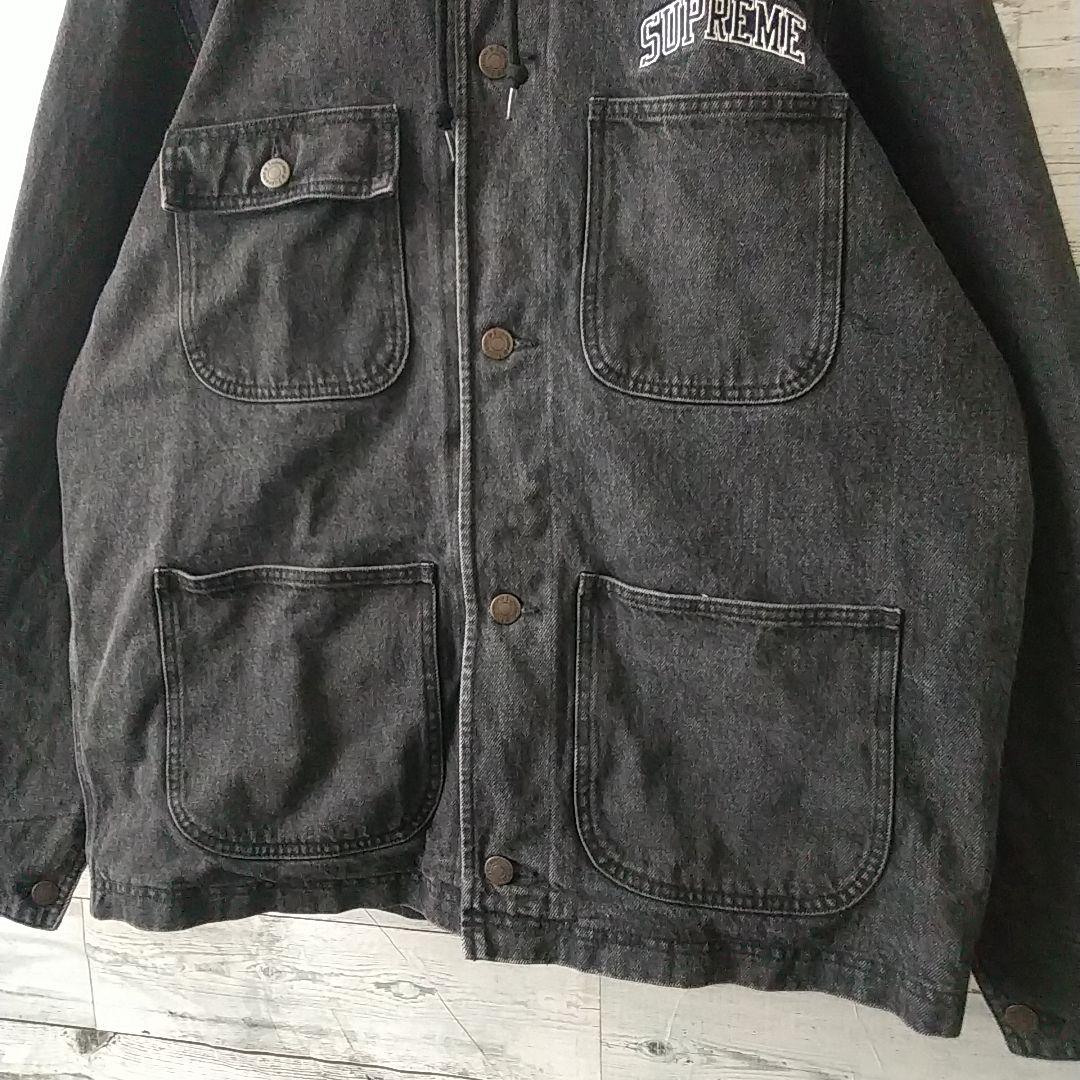 人気☆シュプリーム 刺繍ロゴ 襟切替 裏地チェック フード付 デニムジャケット