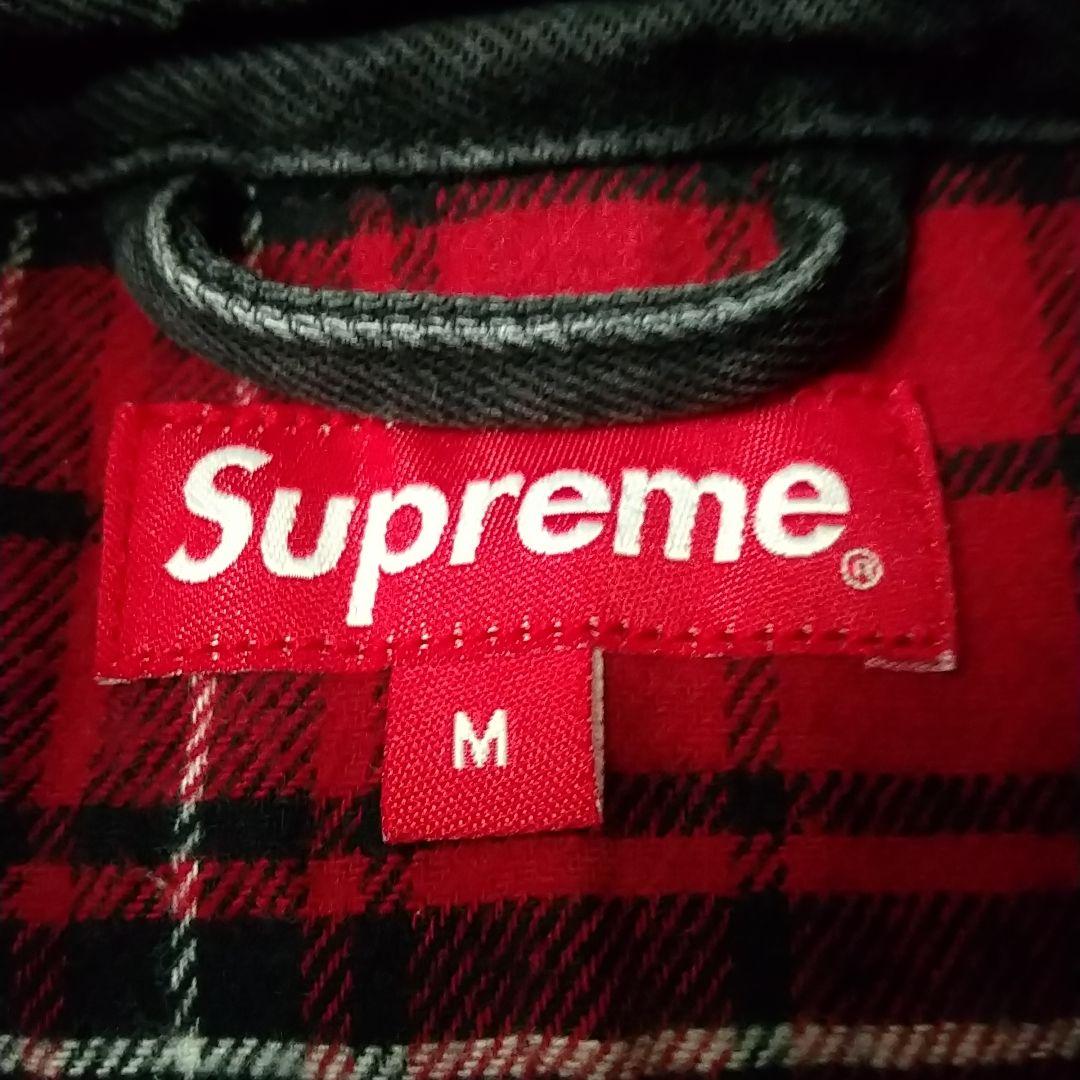 人気☆シュプリーム 刺繍ロゴ 襟切替 裏地チェック フード付 デニムジャケット