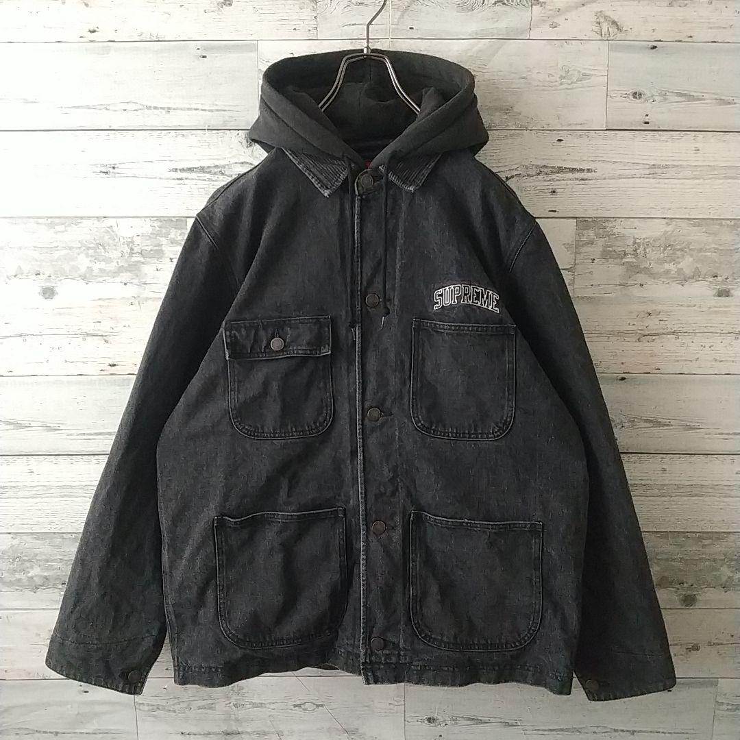 人気☆シュプリーム 刺繍ロゴ 襟切替 裏地チェック フード付 デニムジャケット