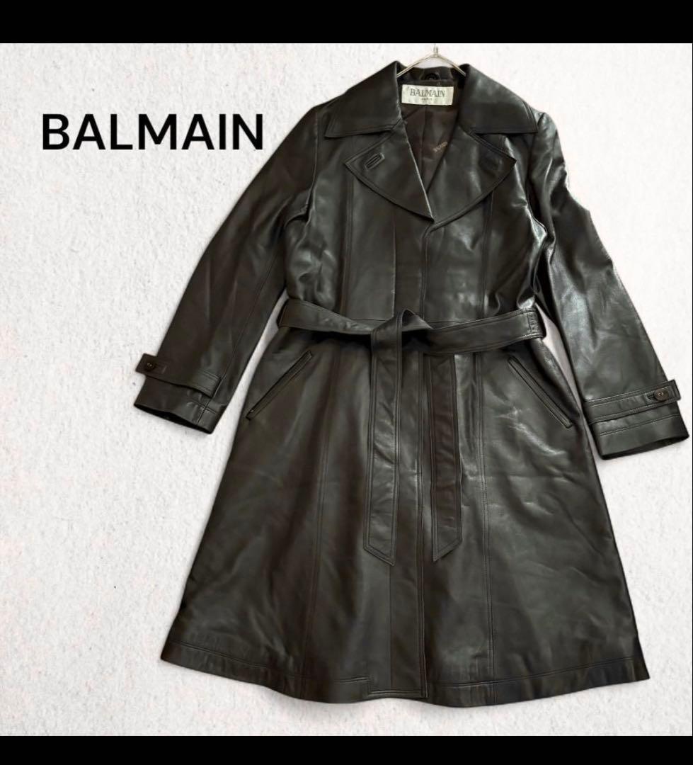 バルマン トレンチコート ラムレザー 羊革 ロング　ベルト付き アウター 上品
