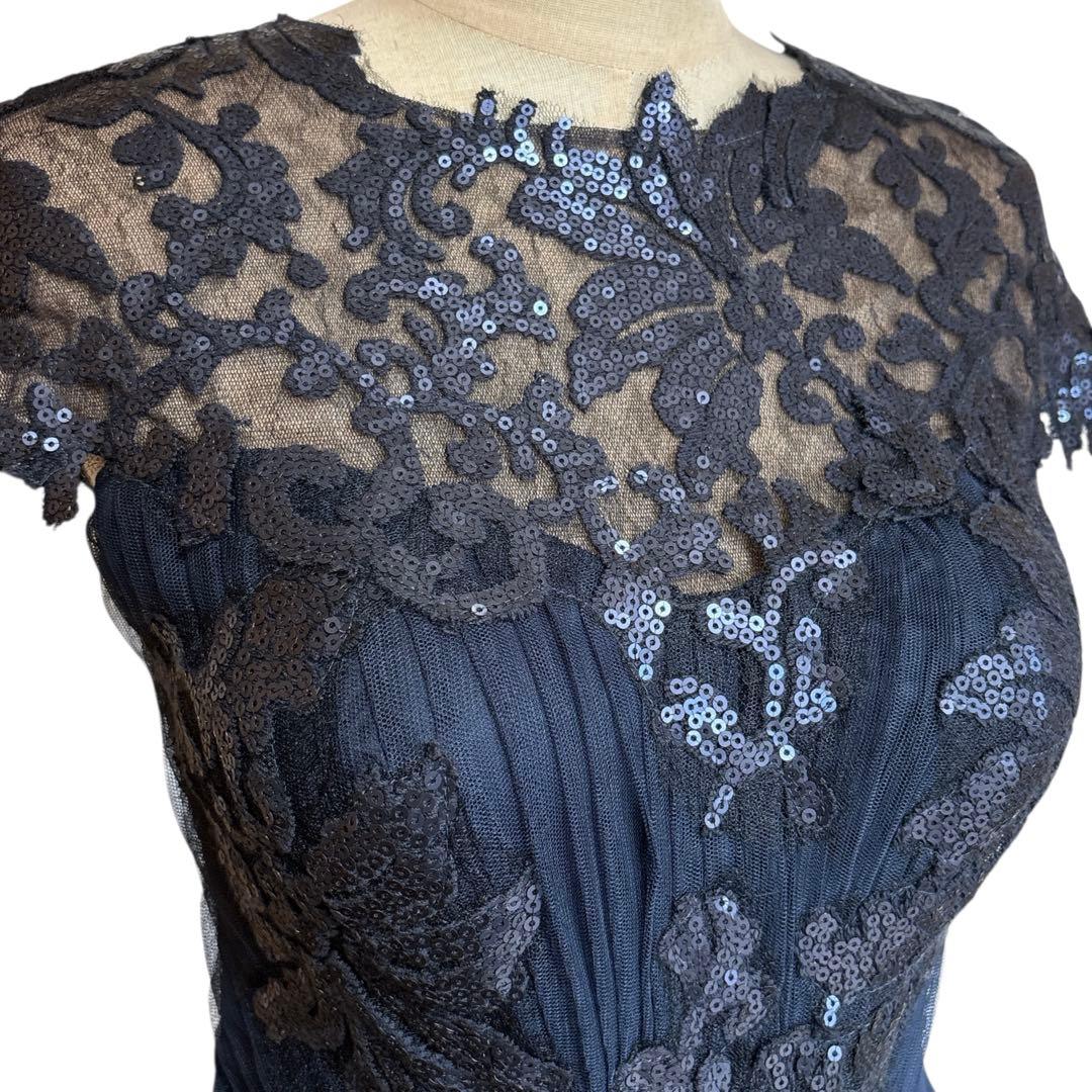 タダシショージ スパンコール レース ロングドレス サイズ4 ネイビー