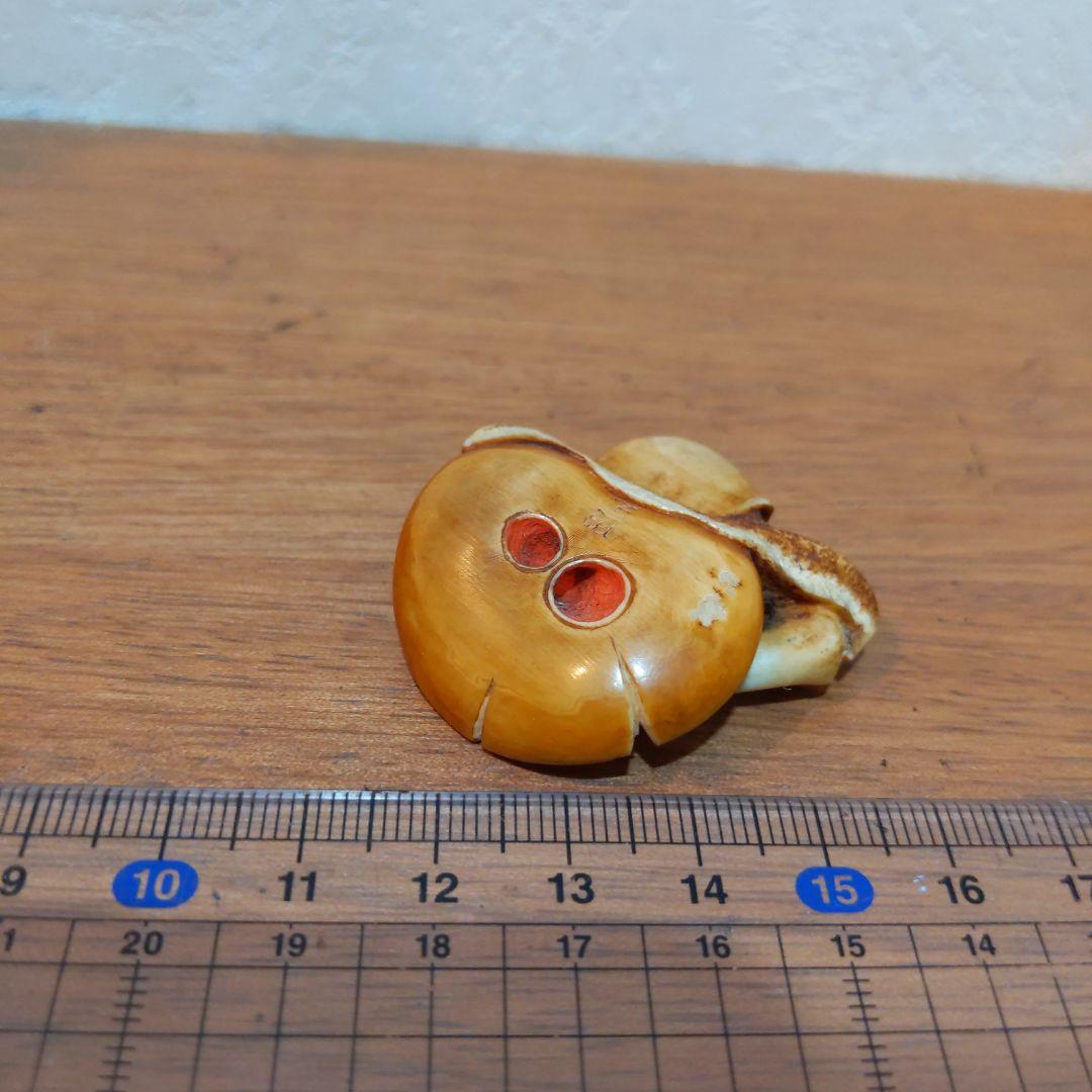 時代提物 超絶技巧根付 天然素材 在銘【茸と蝸牛】横幅約3.7cm 重さ約10ｇ