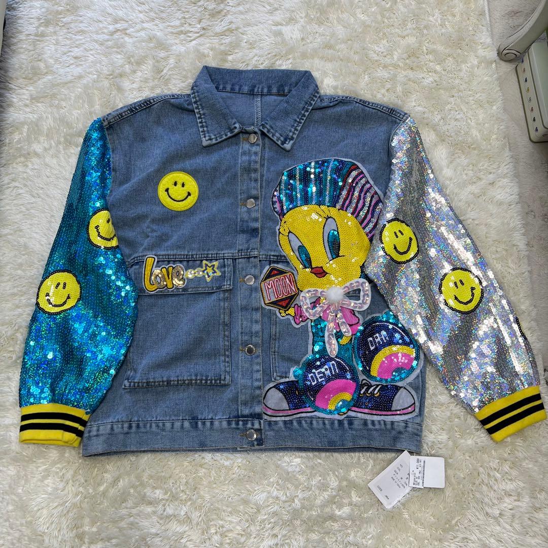 Tweety Bird デニムジャケット 新品タグ付き スパンコールとニコちゃん