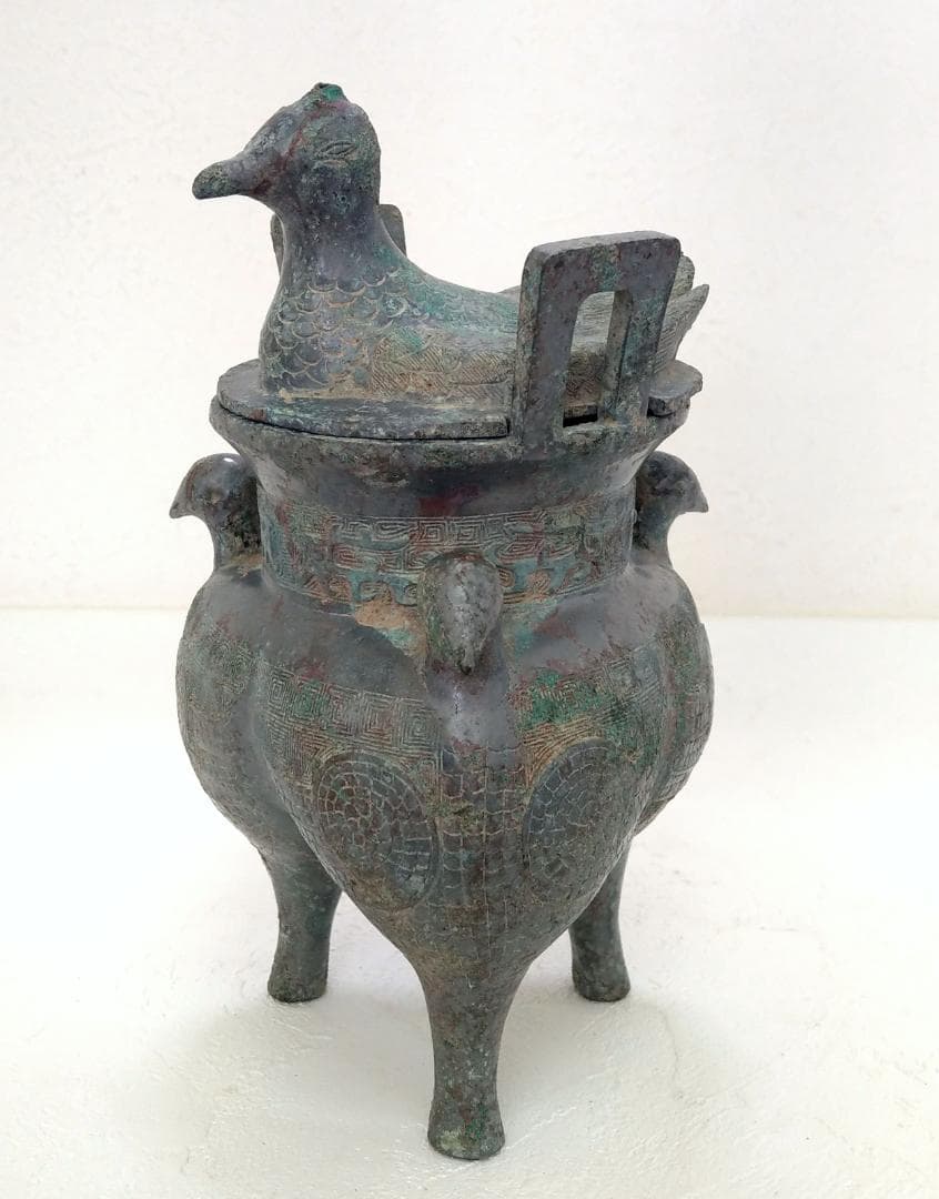 中国 西周青銅器 彫刻 三足 蓋付き 鳥装飾 酒器 高さ21.5cm