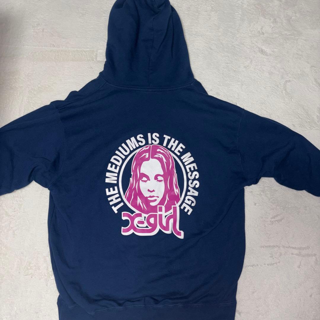 X-girl エックスガール パーカー ネイビー Lバックプリント ロゴ