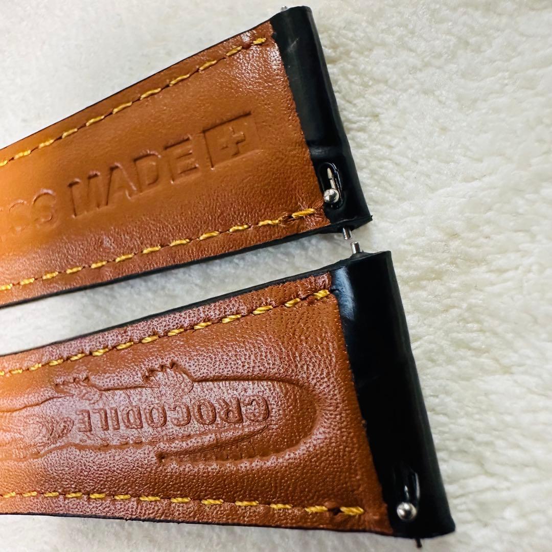 4205#22mm-18mmブラック★本物クロコダイルレザーベルト★スイス製