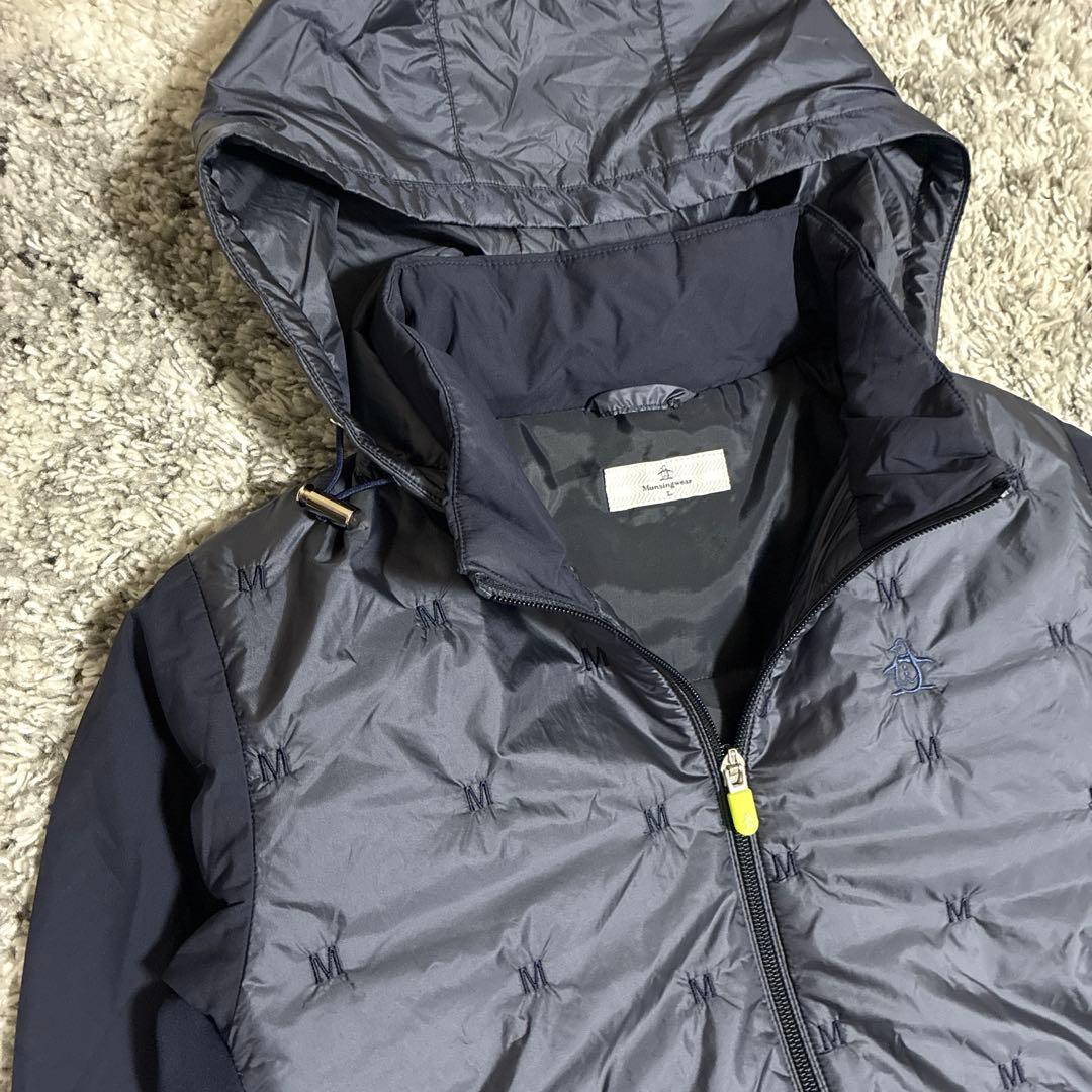 マンシングウェア　フード付きダウンワンピース　ネイビー　フード取り外し　L