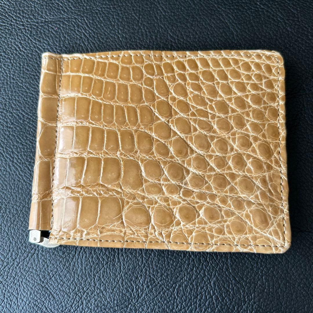 鰐革　本革マネークリップ　イエロー艶あり　JRA認定証　タグ付