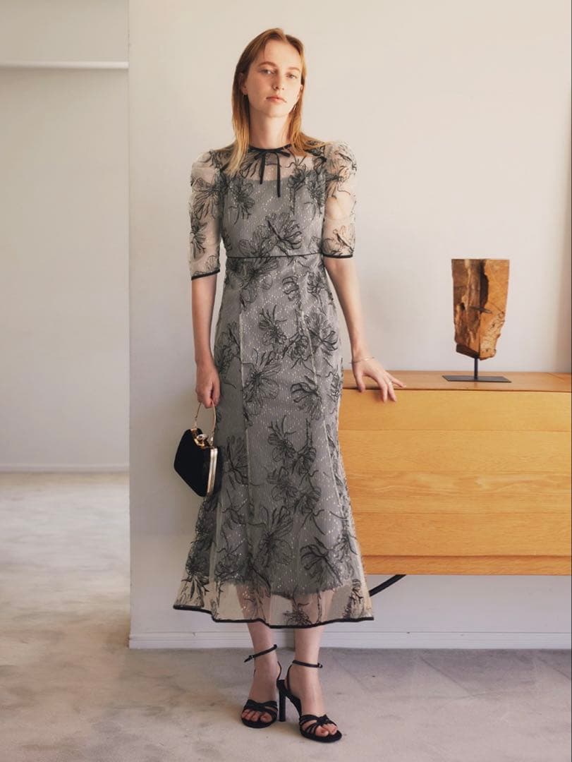 花柄リボンパフスリーブマーメイドワンピースドレス結婚式二次会成人式パーティー