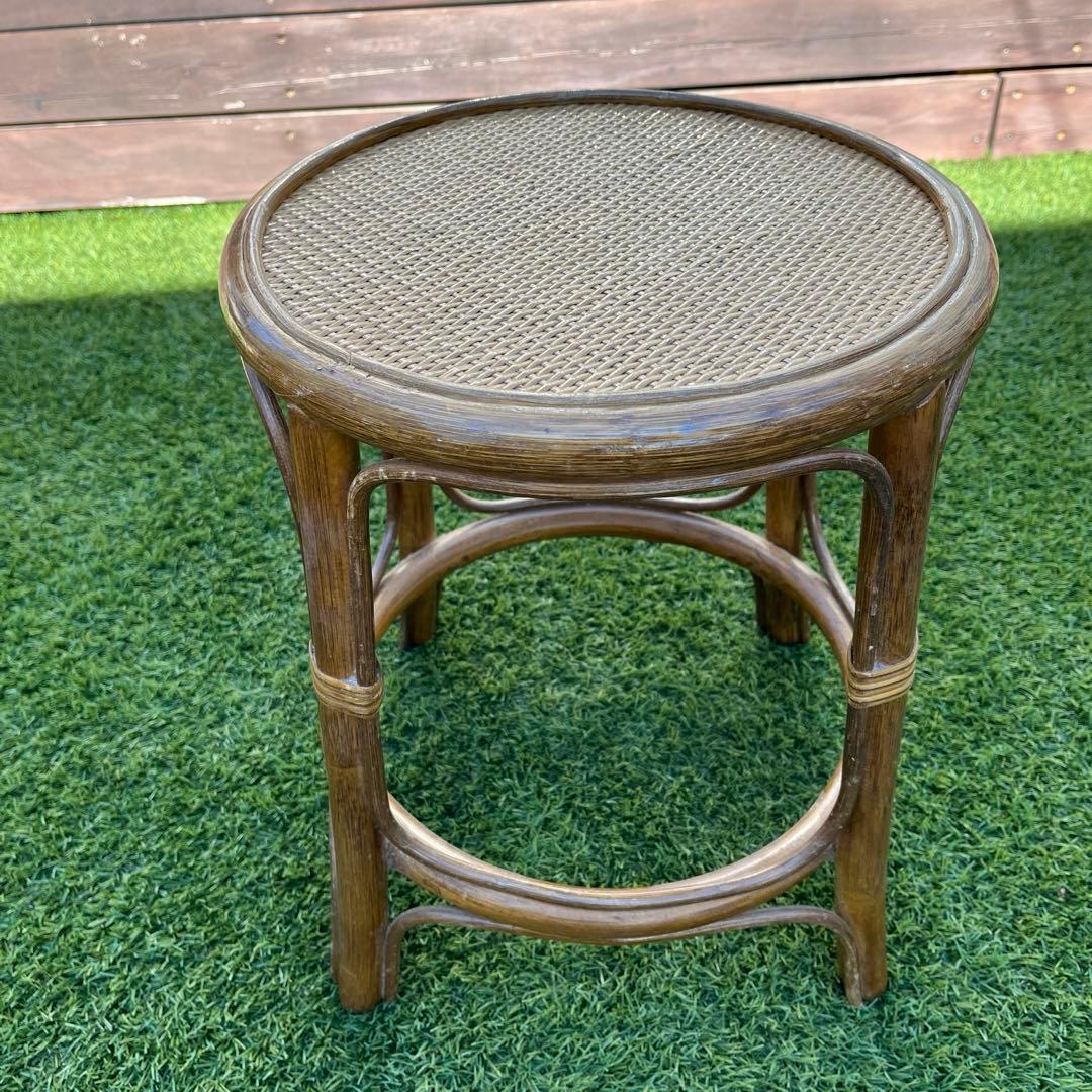 【昭和レトロ】藤 ラタン 丸テーブル　丸椅子セット