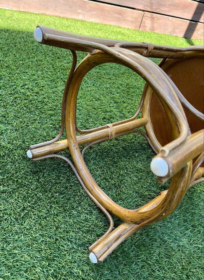 【昭和レトロ】藤 ラタン 丸テーブル　丸椅子セット