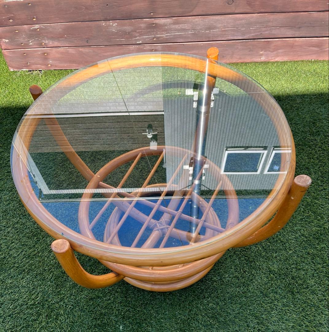 【昭和レトロ】藤 ラタン 丸テーブル　丸椅子セット