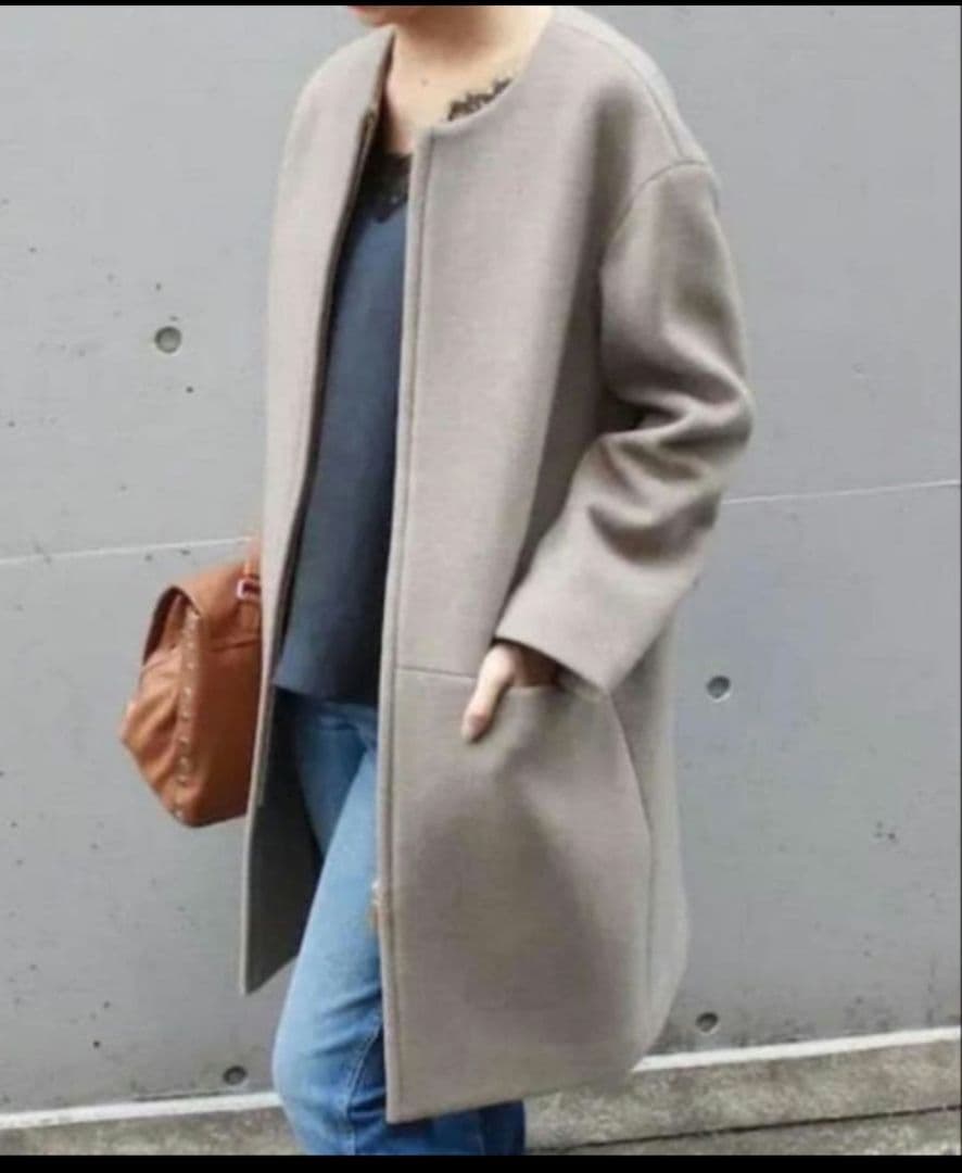 Noble ノーブル ノーカラーコート ジップアップ カシミヤ混 グレージュ