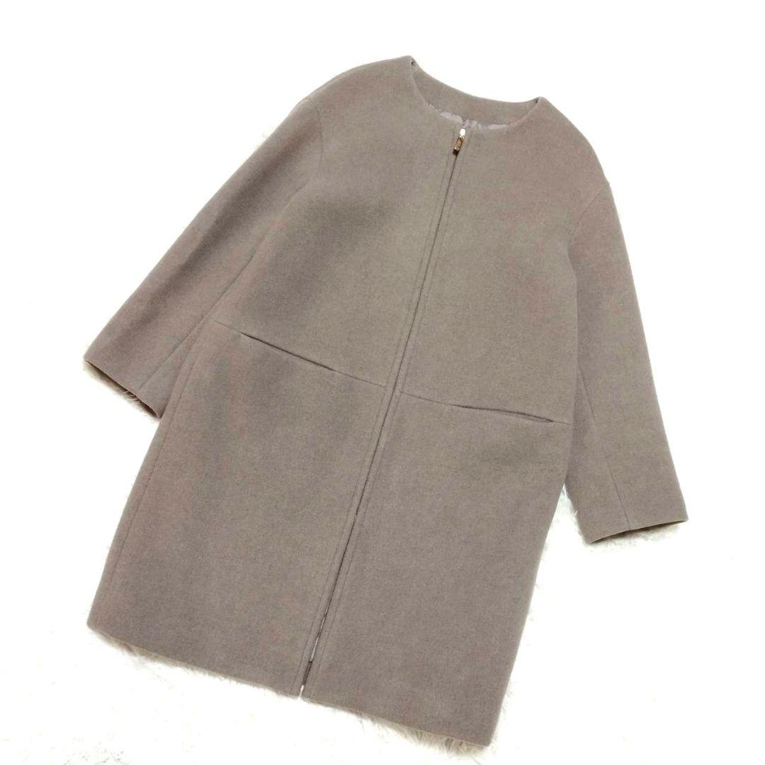 Noble ノーブル ノーカラーコート ジップアップ カシミヤ混 グレージュ
