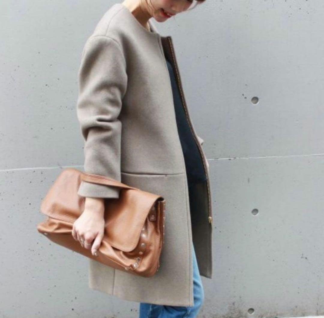 Noble ノーブル ノーカラーコート ジップアップ カシミヤ混 グレージュ